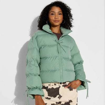 New - Women's Bow Puffer Jacket - Wild Fable™ Green M