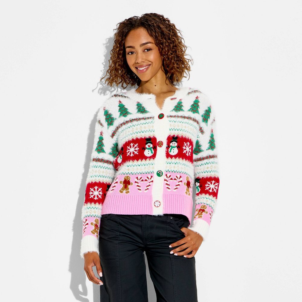 New - Women's Holiday Icons Festive Graphic Cardigan - Cream L