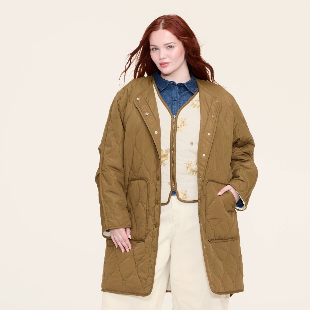 New - Women's Quilted Jacket and Floral Vest - Woolrich x Target Olive Green XXL