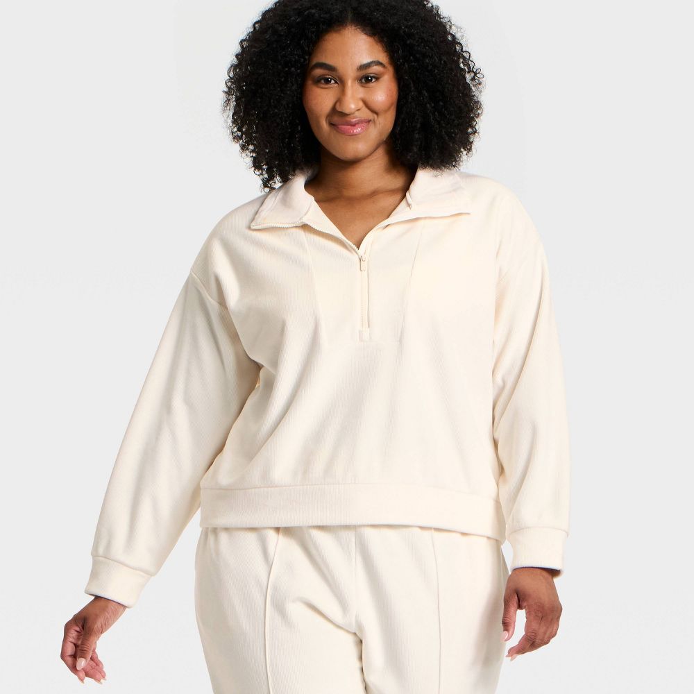 New - Women's Velour Ribbed 1/2 Zip Sweatshirt - All In Motion™ Cream L