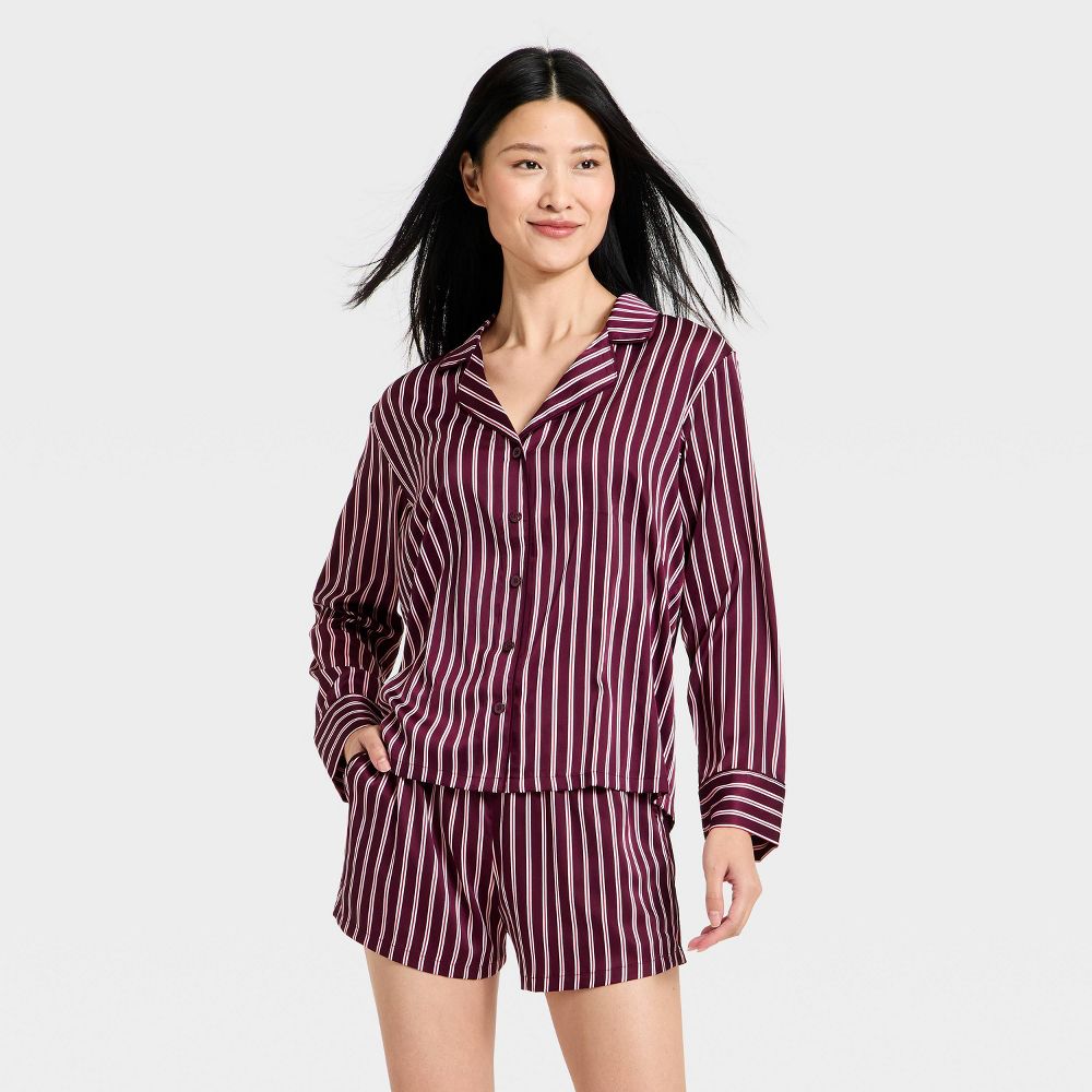 New - Women's Luxury Collection Satin Notch Collar Long Sleeve Shirt and Shorts Pajama Set - Auden™ Mulberry Striped S