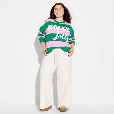 New - Women's Holly Jolly Festive Graphic Sweater - Multicolor Striped 1X