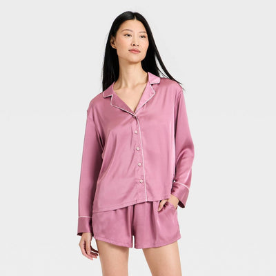 Open Box - Women's Luxury Collection Satin Notch Collar Long Sleeve Shirt and Shorts Pajama Set - Auden™ Pink XL