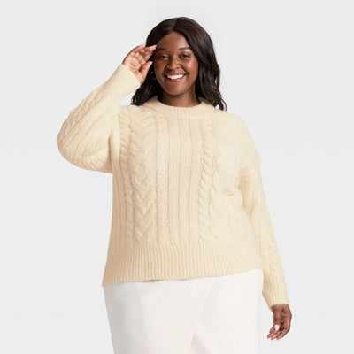 New - Women's Round Neck Cable Knit Pullover Sweater - A New Day™ Cream 4X
