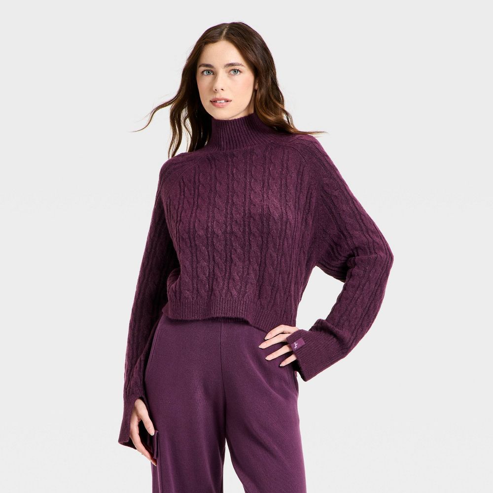 New - Women's Mock Neck Cable Knit Sweater - JoyLab™ Plum Purple XXL