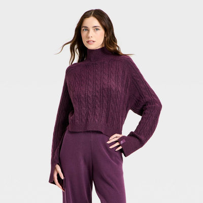 New - Women's Mock Neck Cable Knit Sweater - JoyLab™ Plum Purple XXL