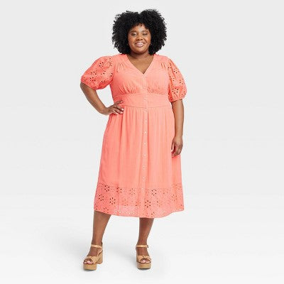 Knox Rose Women's Short Puff Sleeve Eyelet Midi Dress Smocked Waist Knox RoseBullseye Deals