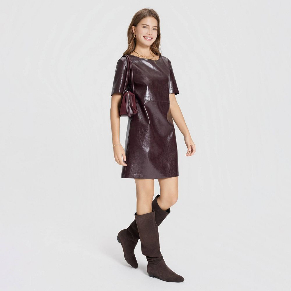 New - Women's Short Sleeve Faux Leather Mini Shift Dress - A New Day™ Burgundy L