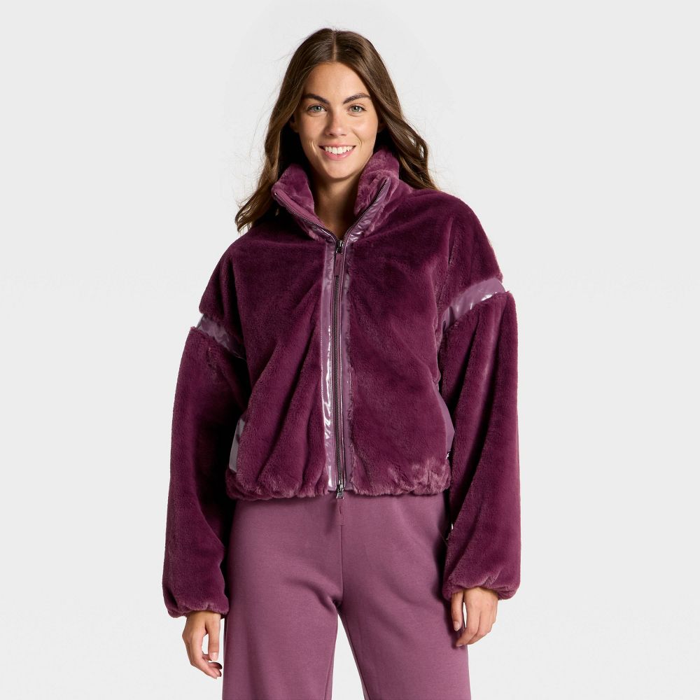 New - Women's Faux Fur PU Trim Jacket - JoyLab™ XS Plum Purple