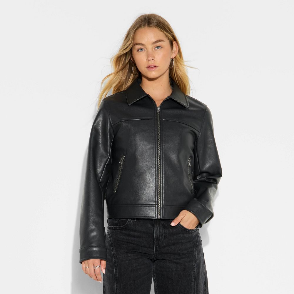 New - Women's Boxy Faux Leather Jacket - Wild Fable™ Black XXS
