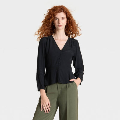 New - Women's Long Sleeve Button-Front Top - A New Day™ Black XS