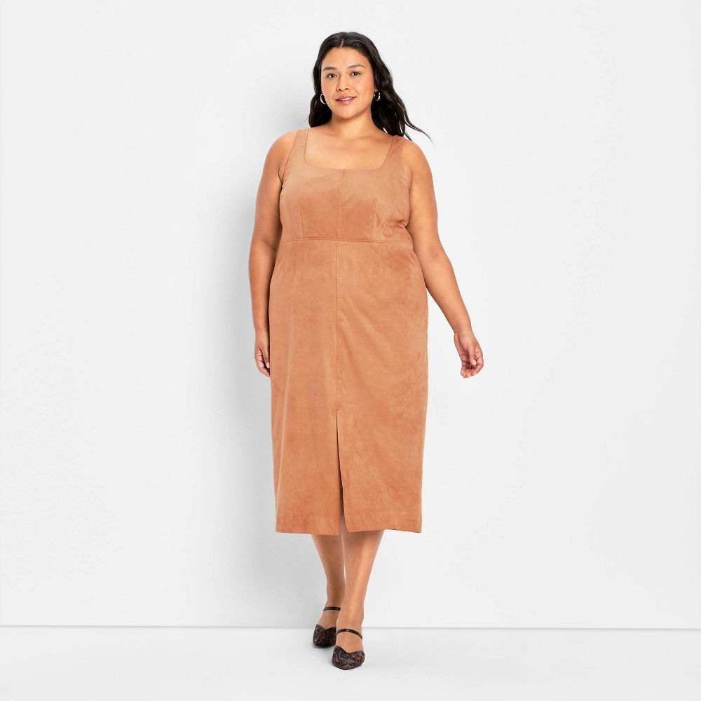 New - Women's 90's Suede Midi A-Line Dress - Future Collective Brown 2X