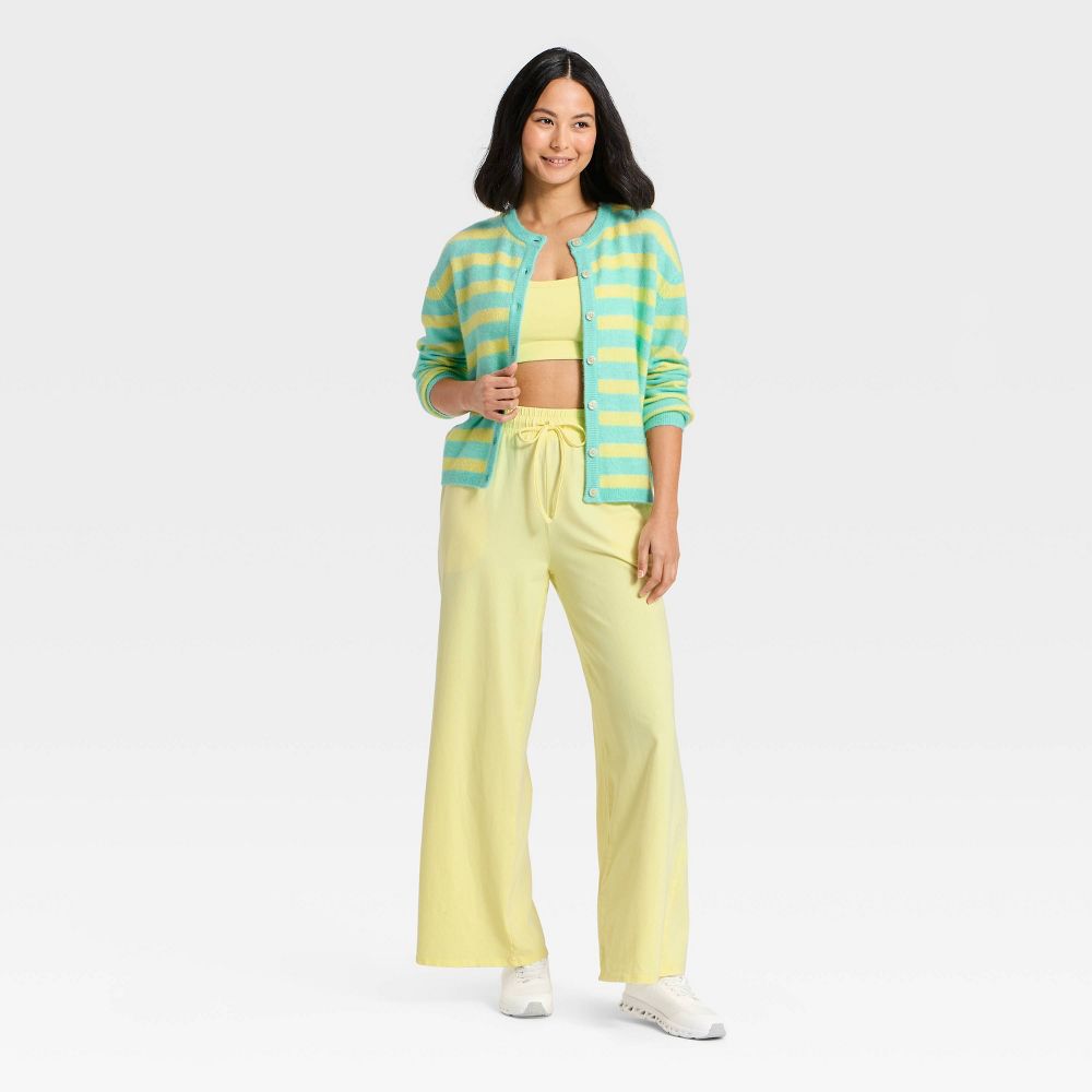 New - Women's Button-Up Cardigan Sweater - JoyLab™ Aqua Blue/Yellow Stripe M