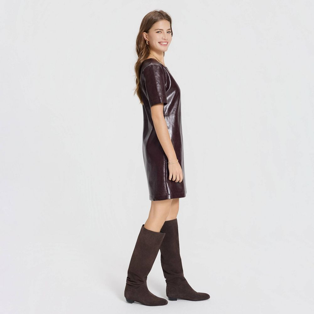 New - Women's Short Sleeve Faux Leather Mini Shift Dress - A New Day™ Burgundy XS