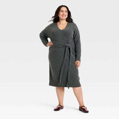 New - Women's Long Sleeve Midi Sweater Dress - Ava & Viv™ Charcoal Gray 2X