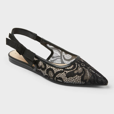 New - Women's London Lace Sling Back Bow Flats - A New Day™ Black 6: Slip-On Tuxedo Style, Cushioned Insole, Pointed Toe Design