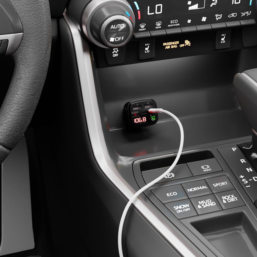 New - Just Wireless Bluetooth FM Transmitter Type C and USB-A Charging Port Bass Sound Booster - Black