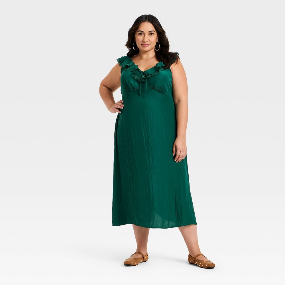 New - Women's Ruffle Lace Midi A-Line Dress - Universal Thread™ Dark Green XXL