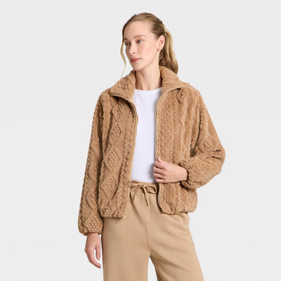 Open Box - Women's Cable Knit Texture High Pile Fleece Jacket - All In Motion™ Taupe S