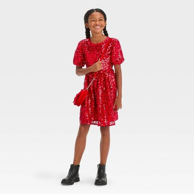 New - Girls' Short Puff Sleeve Sequin Dress - Cat & Jack Cat & JackBullseye Deals