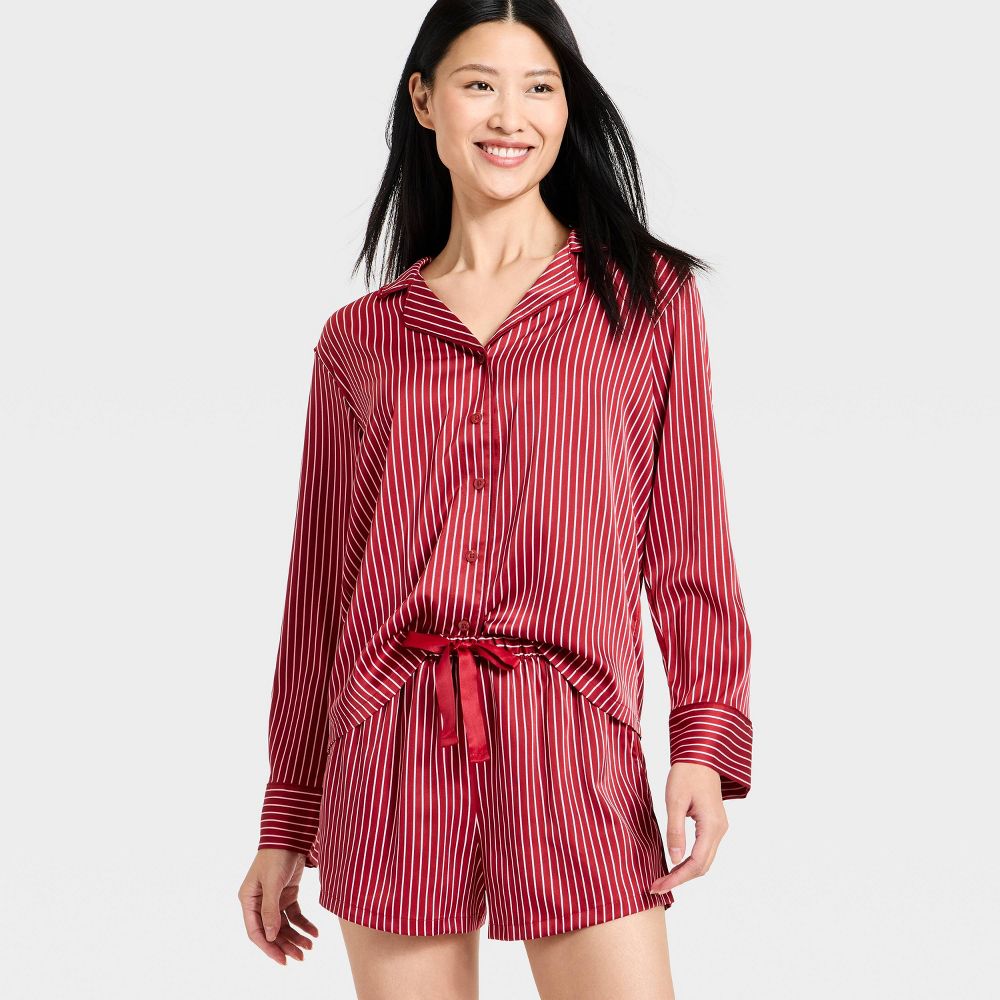 New - Women's Luxury Collection Satin Notch Collar Long Sleeve Shirt and Shorts Pajama Set - Auden™ Red Striped M