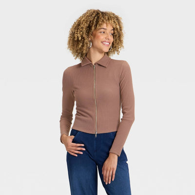 New - Women's Long Sleeve Brushed Ribbed Polo Zip-Up Jacket - A New Day™ Brown XS
