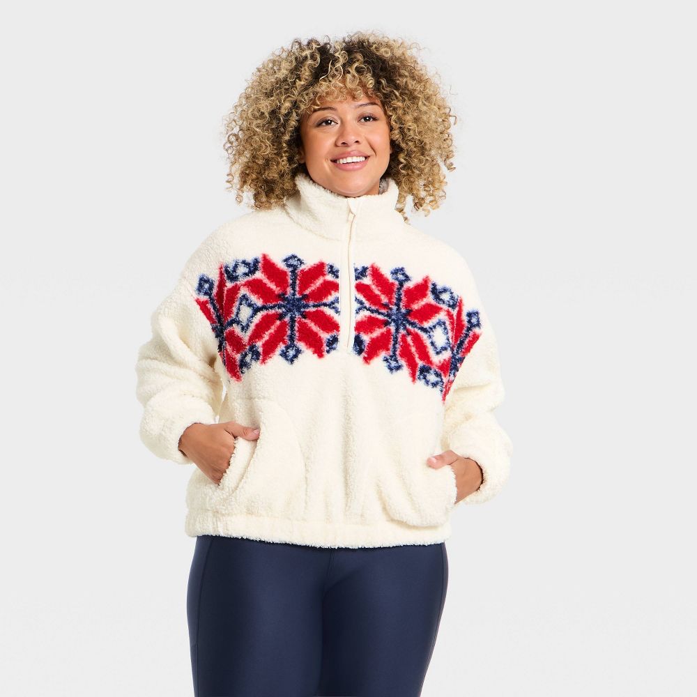 New - Women's High Pile Fleece 1/2 Zip Pullover Jacket - All In Motion™ Cream/Red XL
