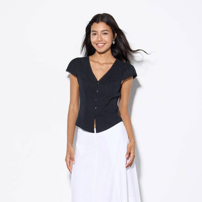 New - Women's Mini Cap Sleeve Button-Front Blouse - Wild Fable™ Black S