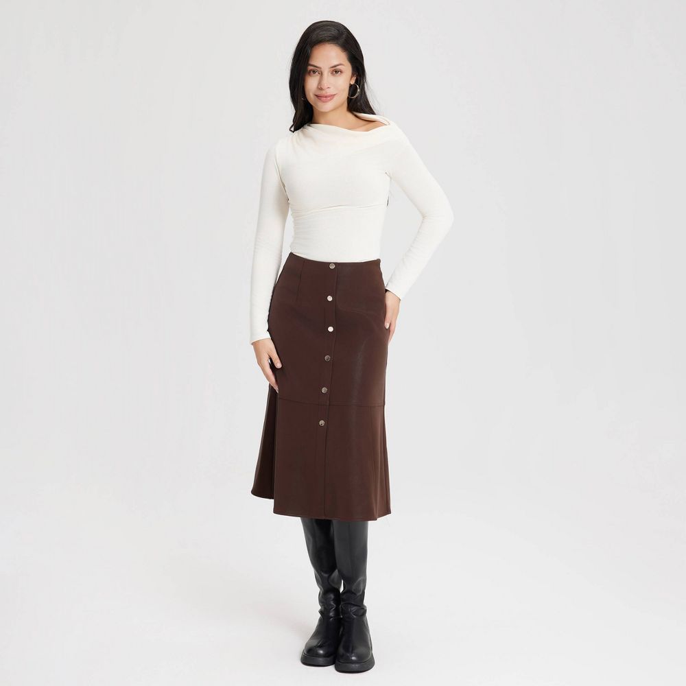 New - Women's Faux Leather Fit & Flare Midi A-Line Skirt - A New Day™ Chocolate 12