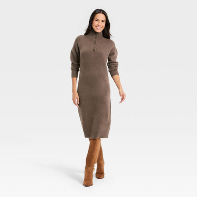 New - Women's Long Sleeve Midi Sweater Dress - Universal Thread™ Brown L