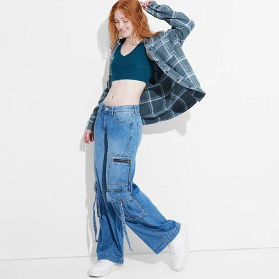New - Women's Mid-Rise Wide Leg Cargo Baggy Pants - Wild Fable Wild FableBullseye Deals