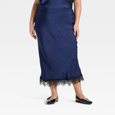 New - Women's Lace Trim Midi Skirt - A New Day™ Navy Blue 1X