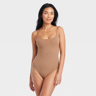 Open Box - Women's 4-Way Stretch Cami Bodysuit - Auden™ Brown L: Nylon Spandex, Adjustable Strap, Scoopneck