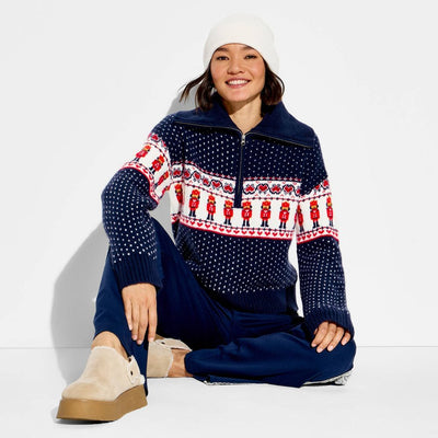 Open Box - Women's Polo Collar Quarter Zip Novelty Pullover Sweater - Wild Fable™ Navy Blue Boy S