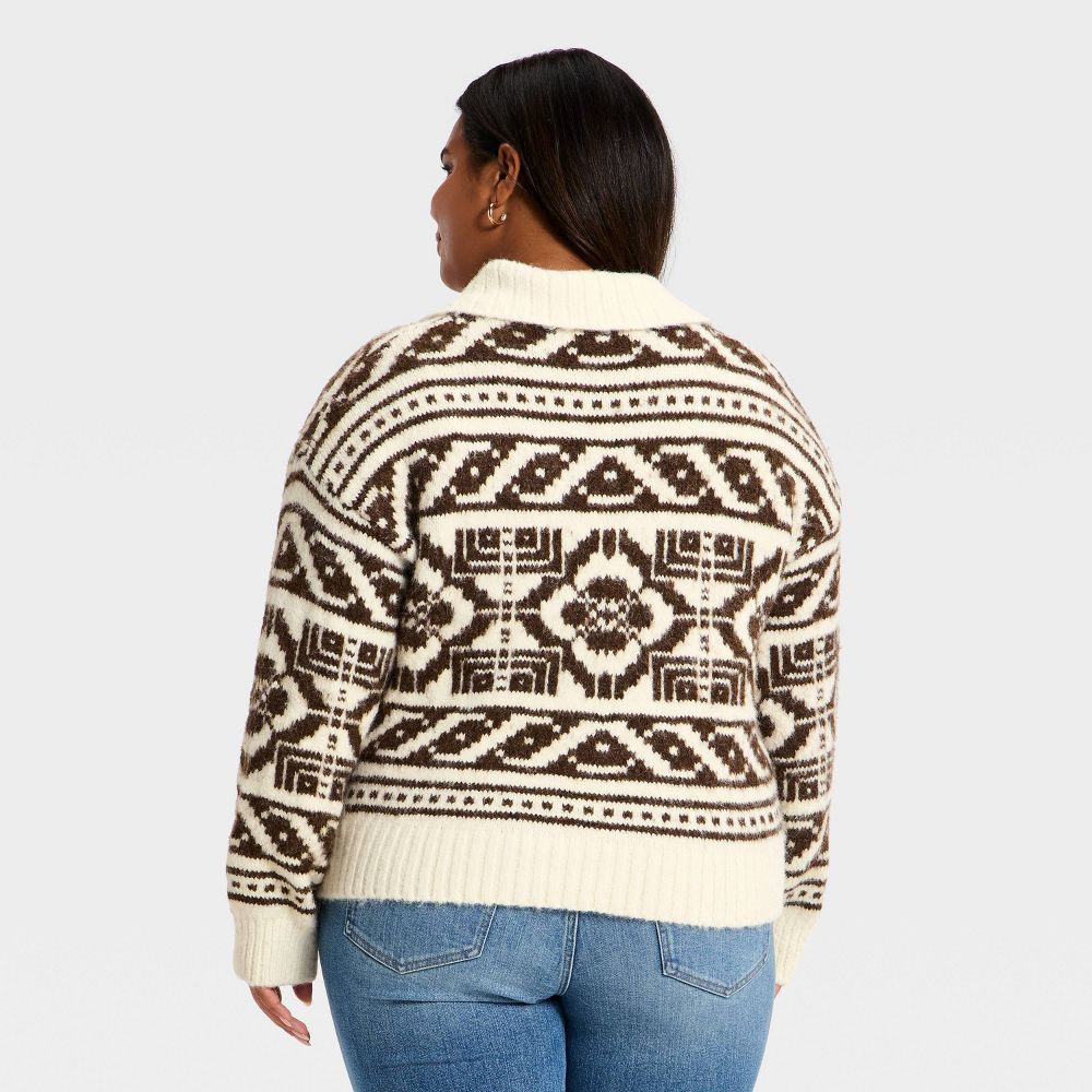 New - Women's Fairisle Henley Shawl Sweater - Universal Thread™ Brown 2X