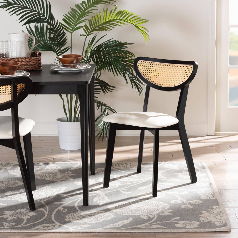 New - Baxton Studio 2pc Dannell Fabric and Wood Dining Chairs: Mid-Century, Rattan Detail, Foam Padded