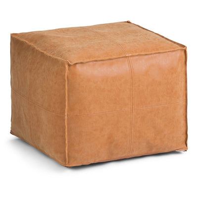 New - WyndenHall Wendal Square Pouf Distressed Brown: Modern Faux Leather Upholstered, No Assembly Required