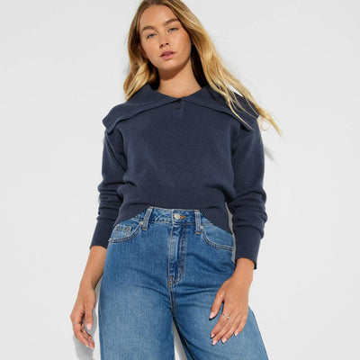 New - Women's Button-Down Collar Henley Sweater - Wild Fable™ Navy Blue XS