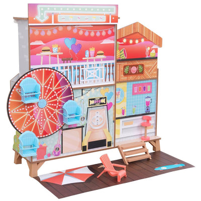 New - KidKraft Ferris Wheel Fun Beach House Wooden 360-Play Dollhouse with 19 Accessories