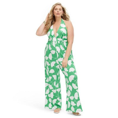 New - Diane von Furstenberg Women's Halter Jumpsuit Deep V-Neck, Ginkgo Green Diane von Furstenberg for TargetBullseye Deals
