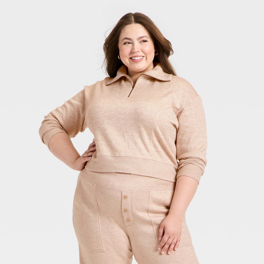 New - Women's Quarter Zip Pullover Sweatshirt - Universal Thread™ Heather Oatmeal 2X
