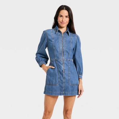 Open Box - Women's Long Sleeve Zip Front Midi Denim Dress - Universal Thread™ Medium Wash XS