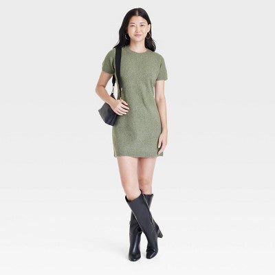 New - Women's Short Sleeve Cozy Knit Mini Sweater Dress - A New Day A New DayBullseye Deals