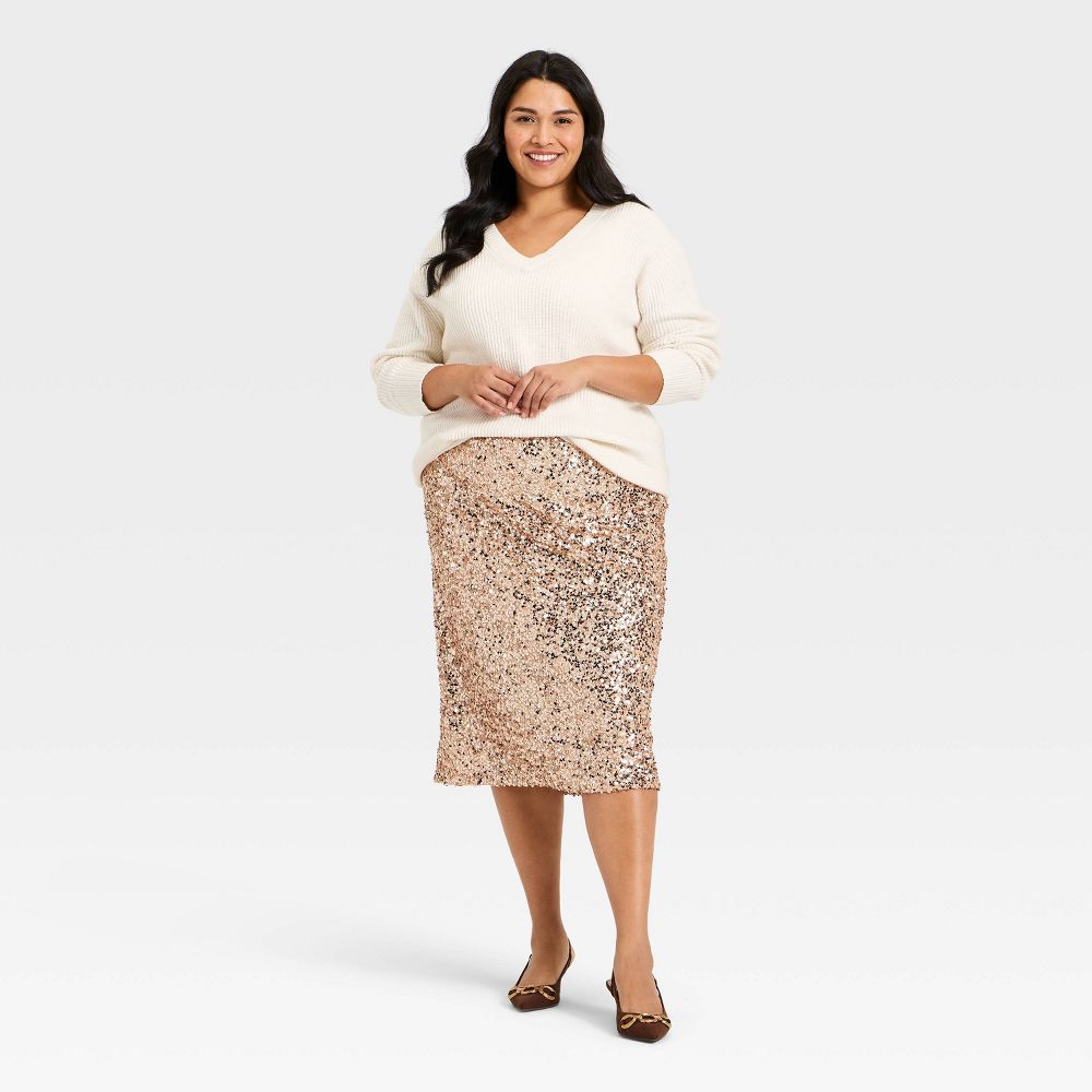 Open Box - Women's High-Rise Sequin Midi Pencil Skirt - Ava & Viv™ Champagne 3X