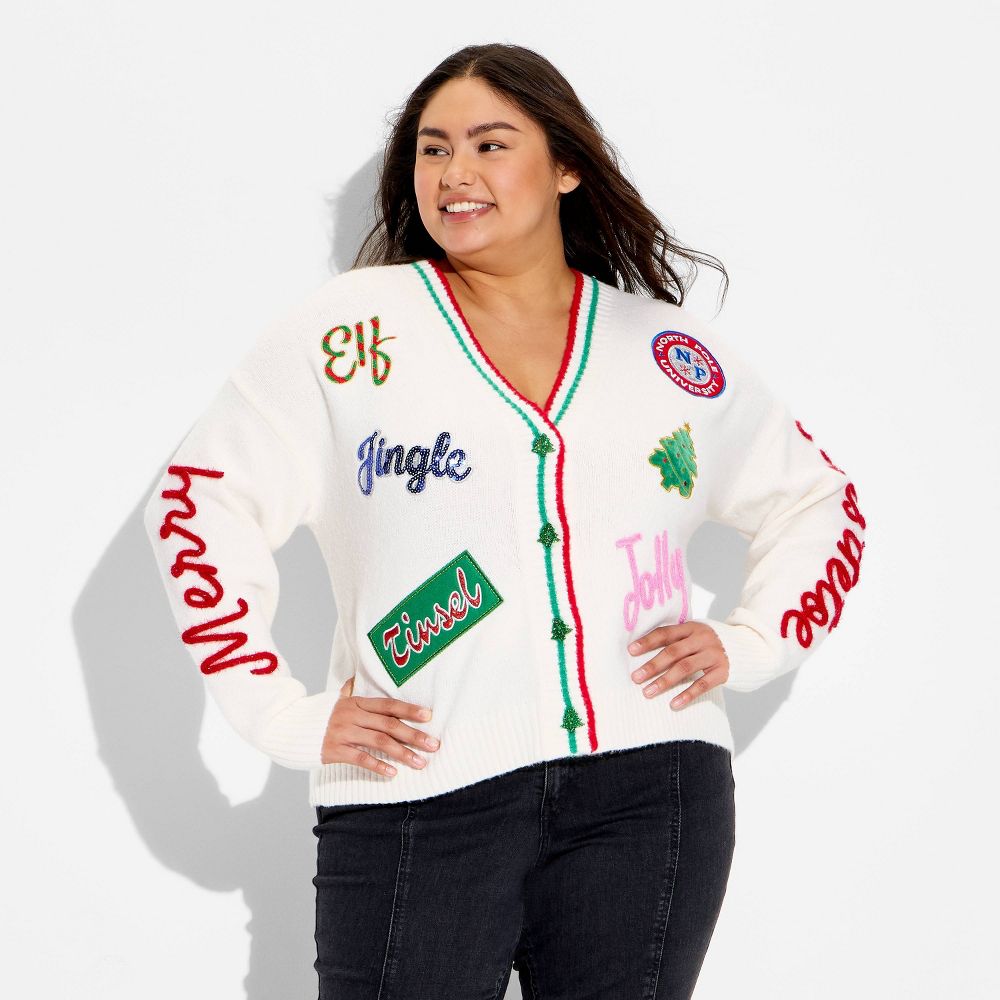 New - Women's Holiday Patchwork Festive Graphic Cardigan - Cream 3X
