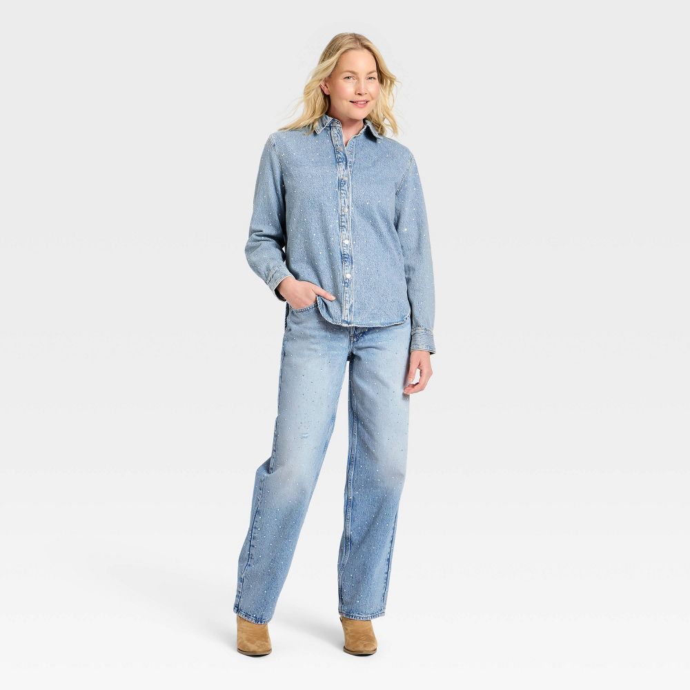 New - Women's Button-Down Rhinestone Denim Shirt - Universal Thread™ Light Wash L