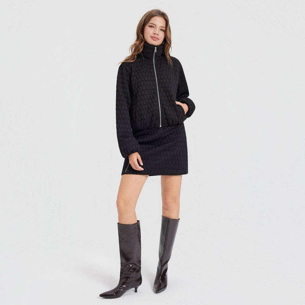 New - Women's Textured Jacquard Funnel-Neck Bomber Jacket - A New Day™ Black Basket Weave L