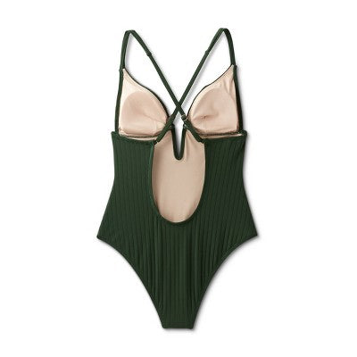 New - Shade & Shore Women's Plunge V-Wire One Piece Swimsuit Ribbed Swimwear Shade & ShoreBullseye Deals