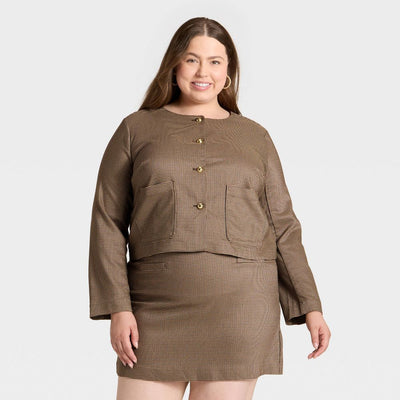 New - Women's Woven Lady Jacket - A New Day™ Brown Plaid XXL