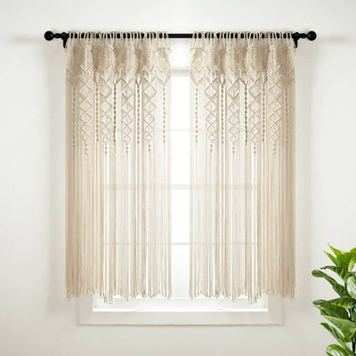 New - 63"x40" Boho Macrame Textured Cotton Window Curtain Panel Neutral - Lush Décor: Light Filtering Rod Pocket